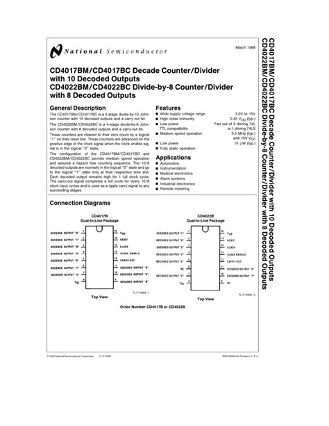 4017 datasheet|CD4017BM/CD4017BC Decade Counter/Divider with 10 Decoded .